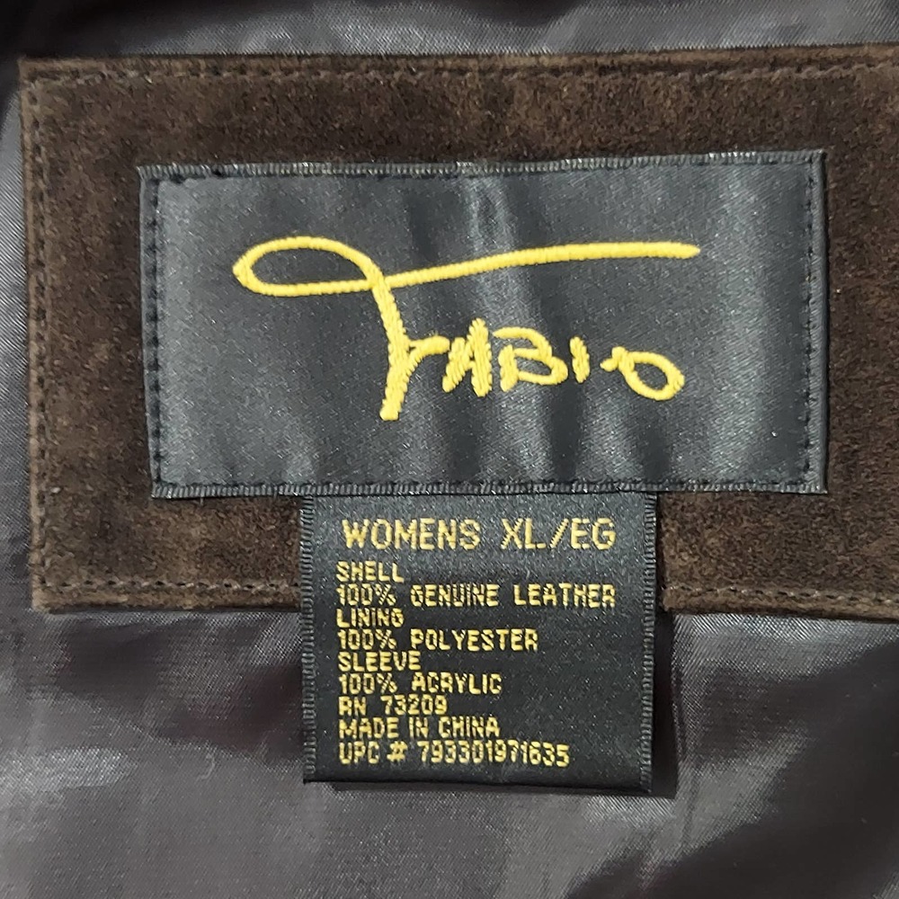 Fabio Coat Womens XL Vtg 80s Brown Genuine Leather Jacket Acrylic Long Sleeve - Picture 3 of 6